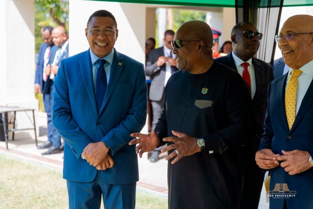 Jamaican Prime Minister Andrew Holness welcomes President John Dramani Mahama to Kingston, Jamaica 
