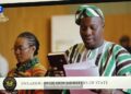 Mahama Ayariga and Dr Zanetor Agyeman-Rawlings take the Oath of Allegiance at Jubilee House on Saturday before assuming office as Ministers of State. Photo: The Presidency