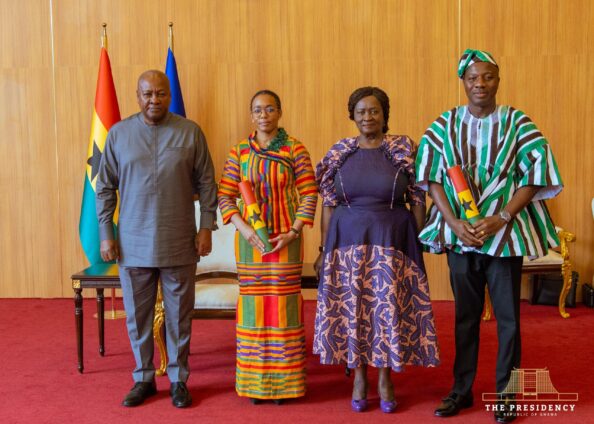 President John Dramani Mahama and Vice President Professor Naana Jane Opoku-Agyemang with the newly sworn-in Ministers of State, Dr Zanetor Agyeman-Rawlings and Mahama Ayariga, at Jubilee House on Saturday. Photo: The Presidency