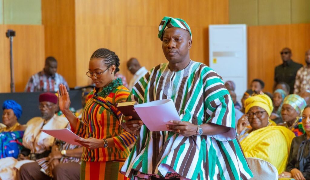 Mahama Ayariga and Dr Zanetor Agyeman-Rawlings take the Oath of Allegiance at Jubilee House on Saturday before assuming office as Ministers of State. Photo: The Presidency