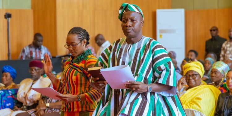 Mahama Ayariga and Dr Zanetor Agyeman-Rawlings take the Oath of Allegiance at Jubilee House on Saturday before assuming office as Ministers of State. Photo: The Presidency
