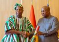 President Mahama presents the instrument of appointment to Mahama Ayariga, Minister for Local Government, Chieftaincy and Religious Affairs, after administering the three oaths of office. Photo: The Presidency