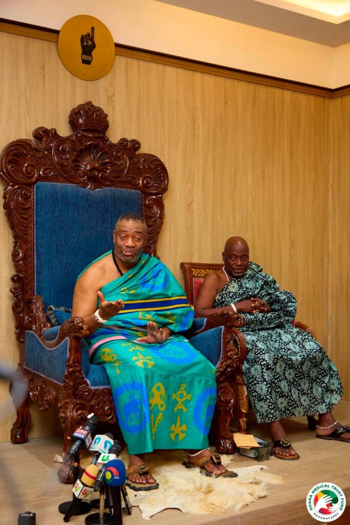 The Ga Mantse, King Tackie Teiko Tsuru II, welcomes Dr. Obuobia Darko Opoku and the MahamaCares delegation during a visit to the Ga Mantse Palace