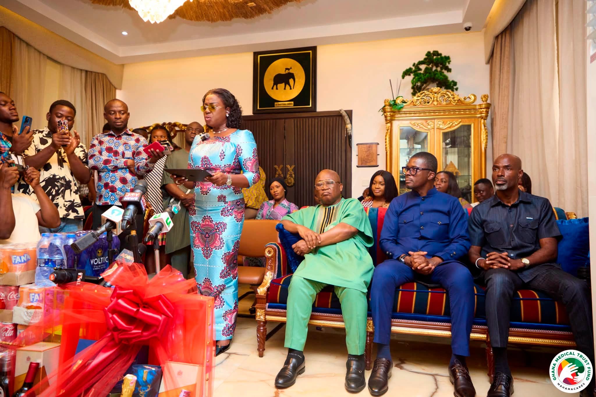 Obuobia Darko Opoku, Administrator of the Ghana Medical Trust Fund (MahamaCares), pays a courtesy call on the Ga Mantse, King Tackie Teiko Tsuru II, at the Ga Mantse Palace in Accra to seek traditional support for expanding healthcare access to vulnerable patients across Ghana.
