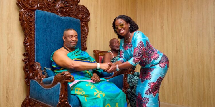 Obuobia Darko Opoku exchanges greetings with the Ga Mantse, King Tackie Teiko Tsuru II, as MahamaCares continues stakeholder engagements to build national support for equitable healthcare access and sustainable medical assistance for vulnerable Ghanaians.