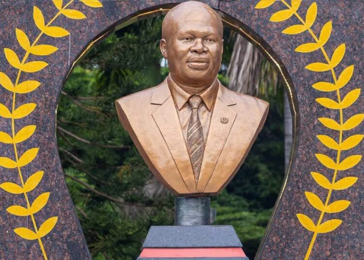 A bronze bust of the late Hon. Dr. Edward Kofi Omane-Boamah stands at the heart of the newly unveiled Cenotaph, honouring his service as Minister for Defence and his legacy as the only defence minister on record to have died in action
