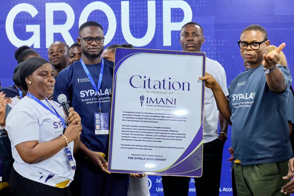 SYPALA 2026 Closes With Charge to Turn Knowledge Into Action 7 The SYPALA 2026 cohort presents Franklin Cudjoe with a Citation of Appreciation, thanking IMANI for a programme they said built their capacity for policy leadership in Ghana.