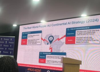 A slide from John Sitsofe Mensah's presentation at SYPALA 2026, setting the AU Continental AI Strategy's aspirations against current realities across economics, policy and technology. Photo: The Vaultz News