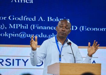 Professor Godfred A. Bokpin of the University of Ghana Business School addresses participants at SYPALA 2026, held under the theme "Resilient Economies."