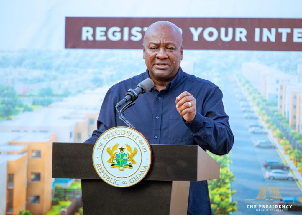 Saglemi Housing Revival: 700 Units Ready by March, 1,500 by December 2027 3 President Mahama addresses officials and journalists at Saglemi, urging prospective buyers to register early once the sales portal opens for the estate now rebranded as Saglemi City.