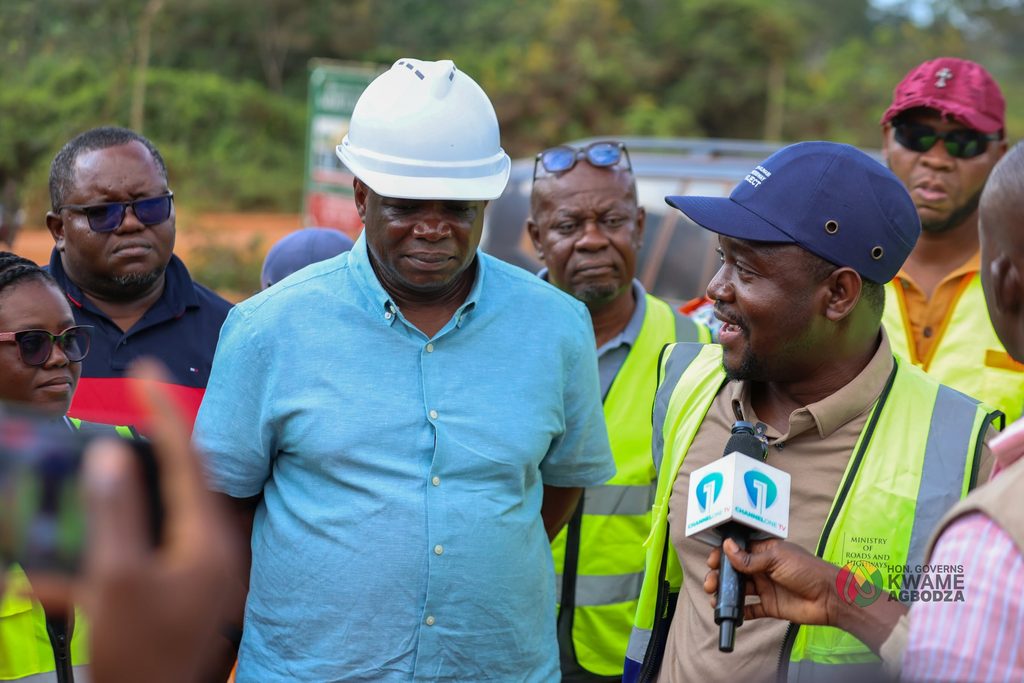 Roads and Highways Minister Kwame Governs Agbodza and Deputy Minister Alhassan Suhuyini lead a team of ministry officials and engineers during an inspection of Big Push road projects in the Western North Region