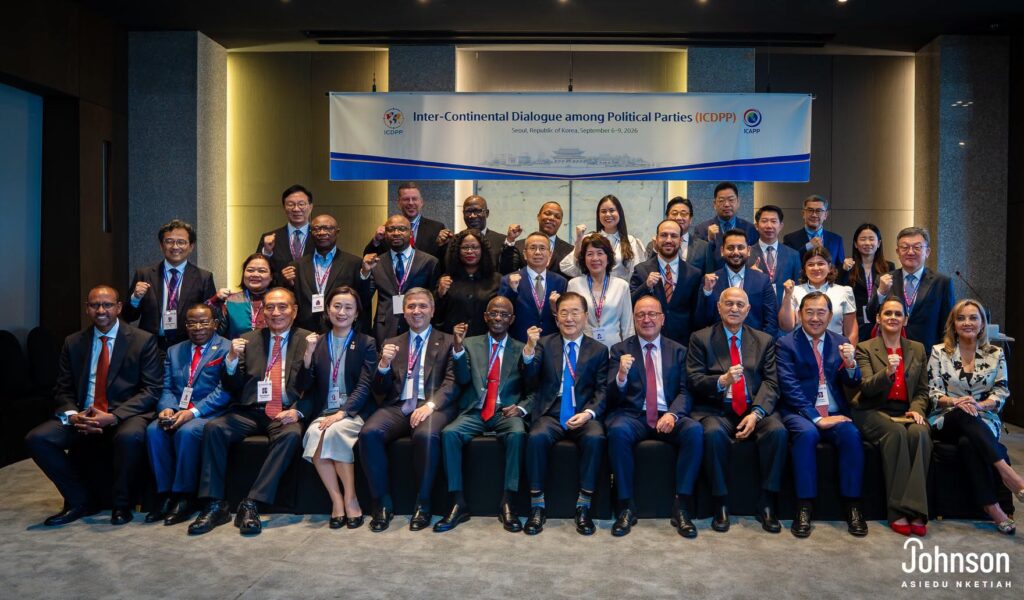 Asiedu Nketiah: Political Parties Must Prepare to Govern, Not Just Win 4 Delegates at the ICDPP raise their fists for the group photograph in Seoul, marking the inaugural session of the dialogue among political parties from multiple continents.