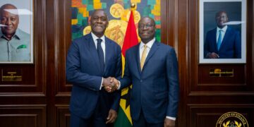 IFC Managing Director Makhtar Diop and Finance Minister Dr. Cassiel Ato Forson pose for a photograph at the Ministry of Finance in Accra.