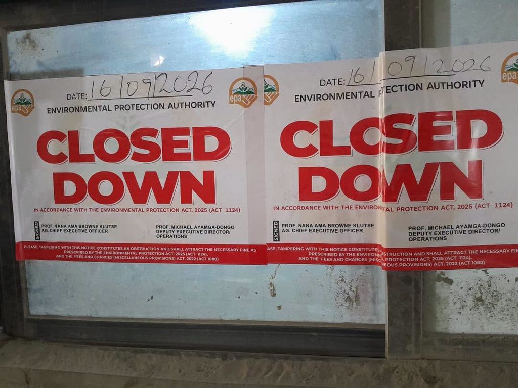 EPA Shuts Down Empire Cement Ghana Limited over Air Pollution Breaches 4 "Closed Down" notices from the Environmental Protection Authority (EPA), dated September 16, 2026, sealed on a glass entrance at Empire Cement Ghana Limited. The notices cite the Environmental Protection Act, 2025 (Act 1124) and warn that tampering with them attracts a fine.