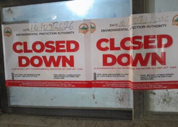 "Closed Down" notices from the Environmental Protection Authority (EPA), dated September 16, 2026, sealed on a glass entrance at Empire Cement Ghana Limited. The notices cite the Environmental Protection Act, 2025 (Act 1124) and warn that tampering with them attracts a fine.