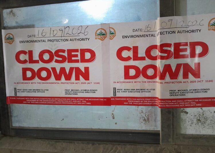 EPA Shuts Down Empire Cement Ghana Limited over Air Pollution Breaches 1 "Closed Down" notices from the Environmental Protection Authority (EPA), dated September 16, 2026, sealed on a glass entrance at Empire Cement Ghana Limited. The notices cite the Environmental Protection Act, 2025 (Act 1124) and warn that tampering with them attracts a fine.