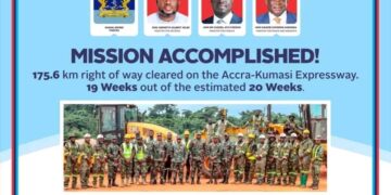 Ghana Armed Forces engineers pose beside their equipment after clearing all 175.6km of right-of-way on the Accra-Kumasi Expressway in 19 weeks, ahead of the estimated 20-week target, as hailed by Defence Minister Kenneth Gilbert Adjei, Finance Minister Cassiel Ato Forson and Roads and Highways Minister Kwame Governs Agbodza.