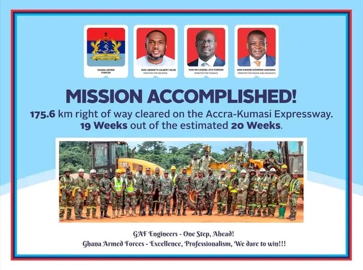 Ghana Armed Forces engineers pose beside their equipment after clearing all 175.6km of right-of-way on the Accra-Kumasi Expressway in 19 weeks, ahead of the estimated 20-week target, as hailed by Defence Minister Kenneth Gilbert Adjei, Finance Minister Cassiel Ato Forson and Roads and Highways Minister Kwame Governs Agbodza.