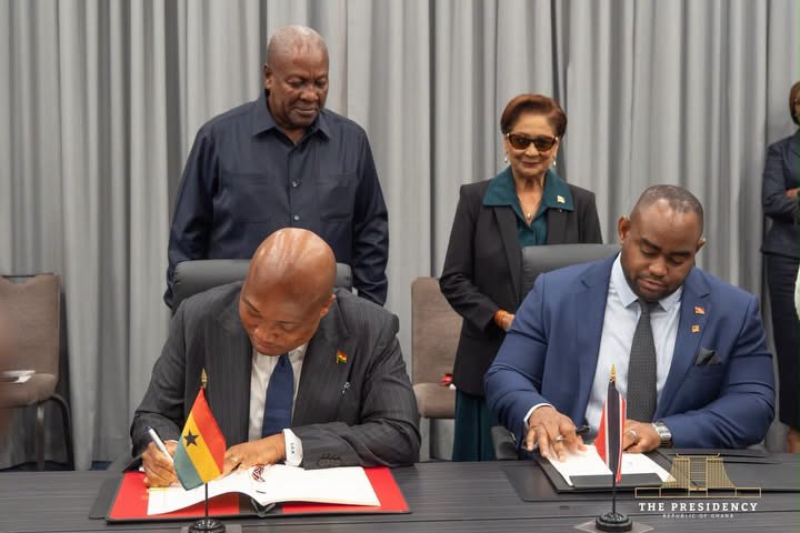 Ghana, Trinidad And Tobago Sign Air Services Agreement At UNGA81 1 Ghana's Foreign Minister Samuel Okudzeto Ablakwa and Trinidad and Tobago's Foreign and CARICOM Affairs Minister Sean Sobers sign the Air Services Agreement as President John Dramani Mahama and Prime Minister Kamla Persad-Bissessar look on. Photo: The Presidency, Republic of Ghana