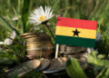 Ghanaian flag with stack of money coins with grass and flowers