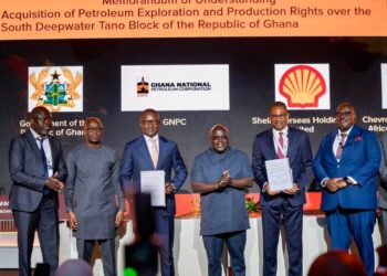 Group photo of representatives of Government of Ghana, the Ghana National Petroleum Corporation (GNPC), Shell Overseas Holdings Limited and Chevron Sub-Saharan Africa Ventures Ltd taken after the signing of the MoU at the Africa Oil Week 2026