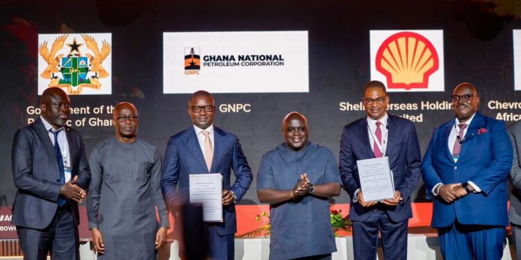 Ghana Advances New South Deepwater Tano Exploration Deal 1 Group photo of representatives of Government of Ghana, the Ghana National Petroleum Corporation (GNPC), Shell Overseas Holdings Limited and Chevron Sub-Saharan Africa Ventures Ltd taken after the signing of the MoU at the Africa Oil Week 2026