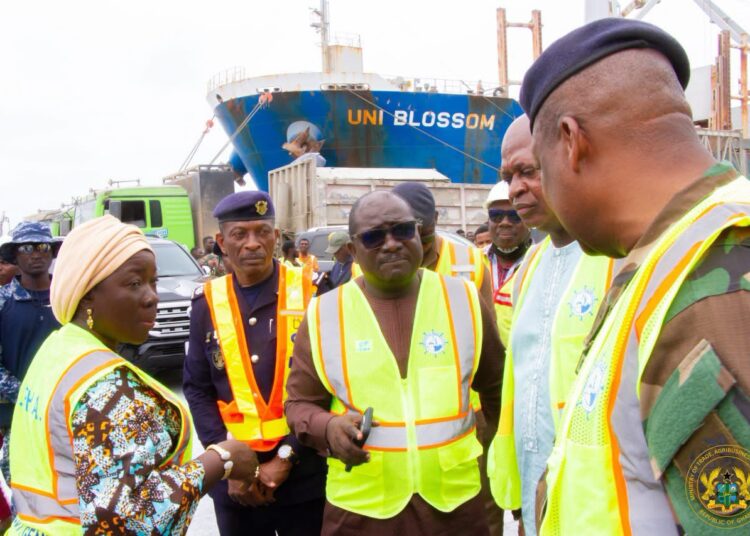 Government Assures Cement Manufactures by Easing Cost to Support Private Sector 1 Trade Minister, Hon. Elizabeth Ofosu-Adjare and the Transport Minsiter, Hon. Joseph Bukari Nikpe, Inspecting the Berthing of Clinker Vessels at the Tema Port