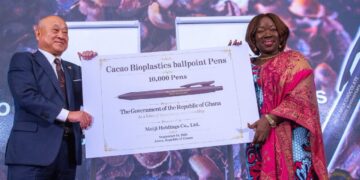Meiji Holdings Co. Donates 10,000 Cacao Bioplastic Pens to the Gov't of Ghana at its Milk Chocolate 100th Anniversary in Accra.