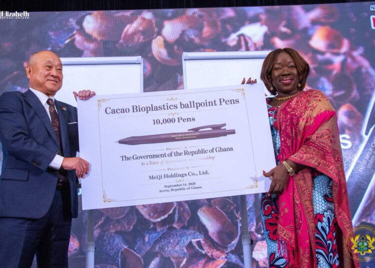 Ghana Signs Agreement with Meiji to Promote Sustainable Cocoa and Circular Economy 1 Meiji Holdings Co. Donates 10,000 Cacao Bioplastic Pens to the Gov't of Ghana at its Milk Chocolate 100th Anniversary in Accra.