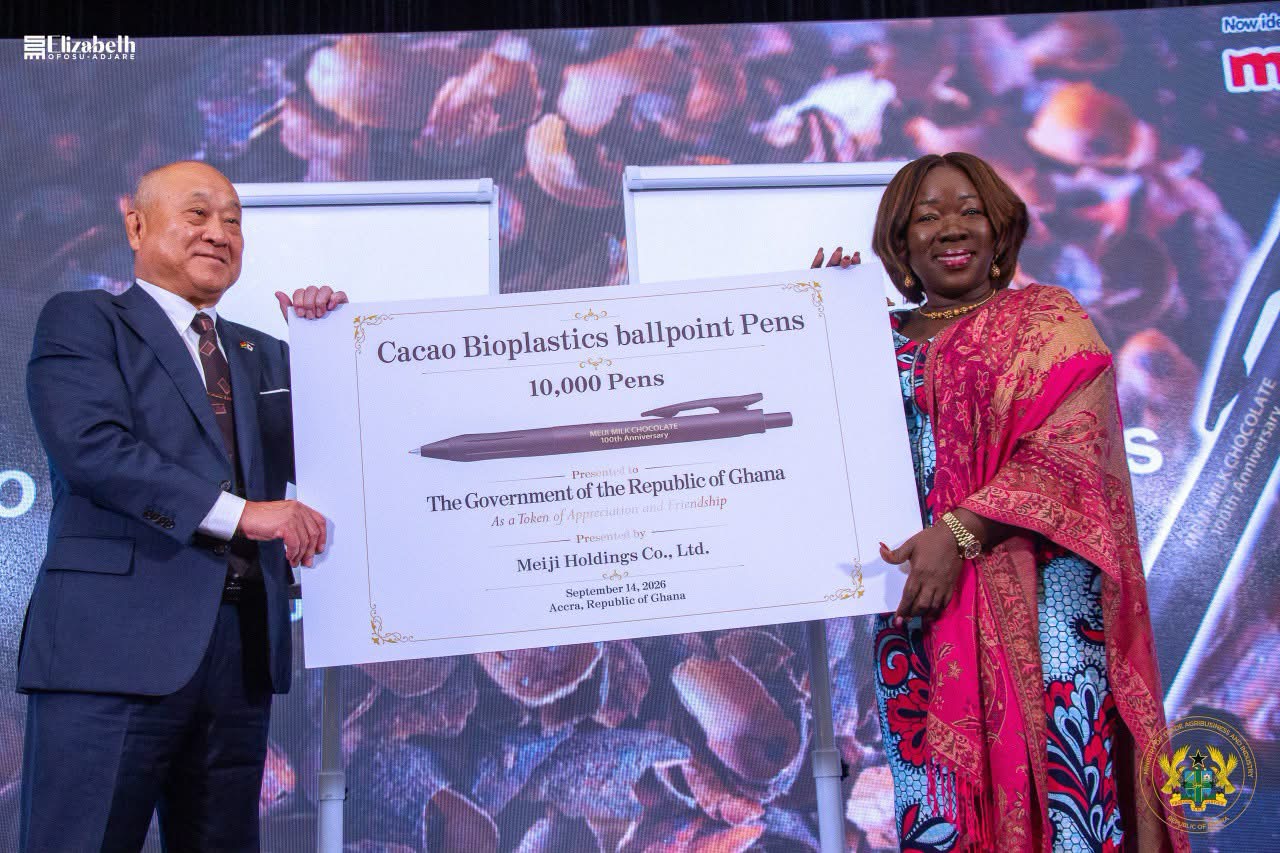 Meiji Holdings Co. Donates 10,000 Cacao Bioplastic Pens to the Gov't of Ghana at its Milk Chocolate 100th Anniversary in Accra.