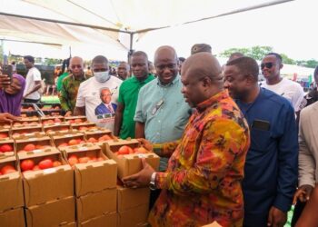Hon. Eric Opoku, Minister of Food and Agriculture Inspecting the Freshly Produced Ghanaian Made Tomato in the Volta Region