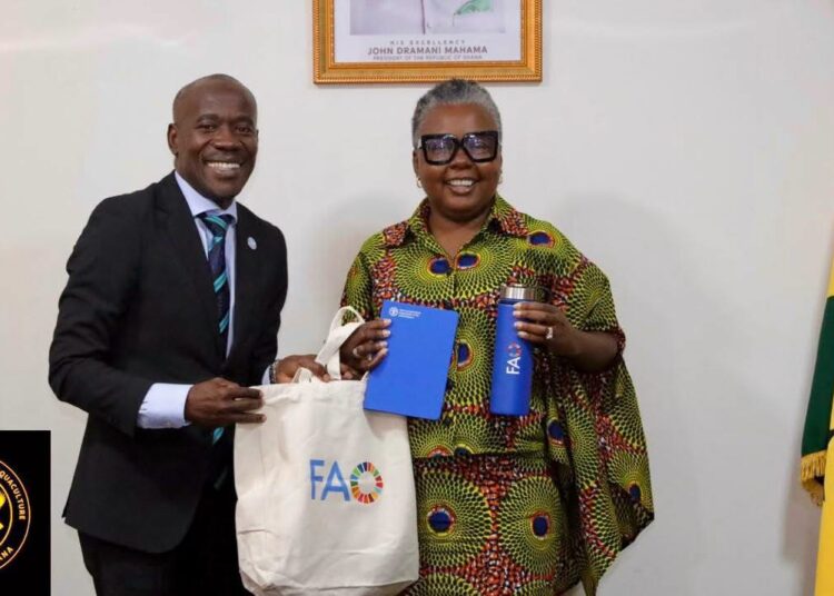 United Nations FAO Deepens Collaboration with Ghana’s Ministry of Fisheries and Aquaculture 1 Hon. Emelia Arthur, Minister for Fisheries and Aquaculture together in a Photograph with United Nations FAO Repsentative, Meshack Oguna Malo