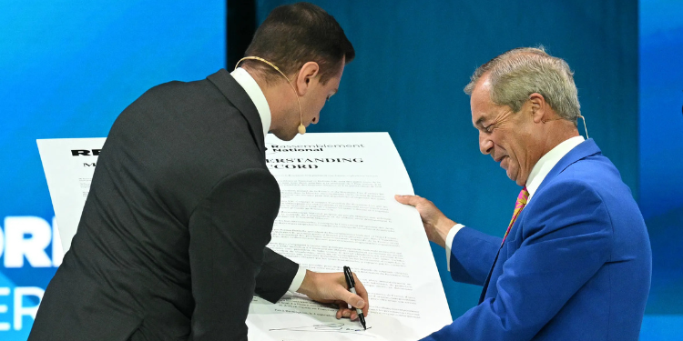 Farage Strikes Migrant Returns Deal With France’s National Rally 1 Nigel Farage and France’s hard-right National Rally (RN) President Jordan Bardella
