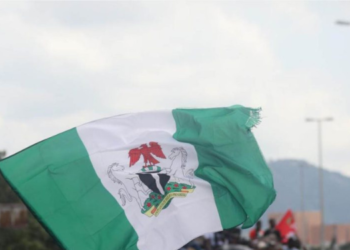 Protests Erupt in Nigeria Following Detainee Miners’ Deaths in Custody 3 The green and white flag with the national coat of arms of Nigeria being waved during an outdoor gathering or protest