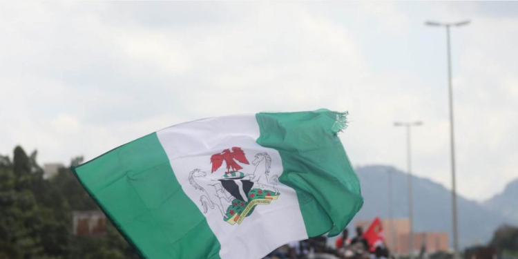 The green and white flag with the national coat of arms of Nigeria being waved during an outdoor gathering or protest