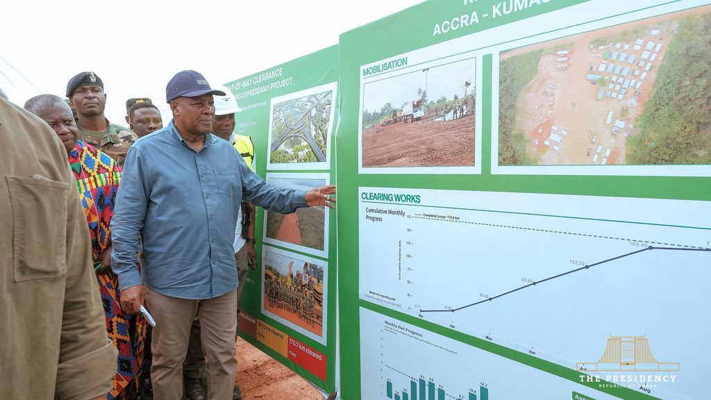 Accra-Kumasi Expressway Dominates Ghana's Economic Conversation Online, IMANI PULSE Finds 2 President Mahama reviewing the Accra-Kumasi Expressway right-of-way clearance progress board