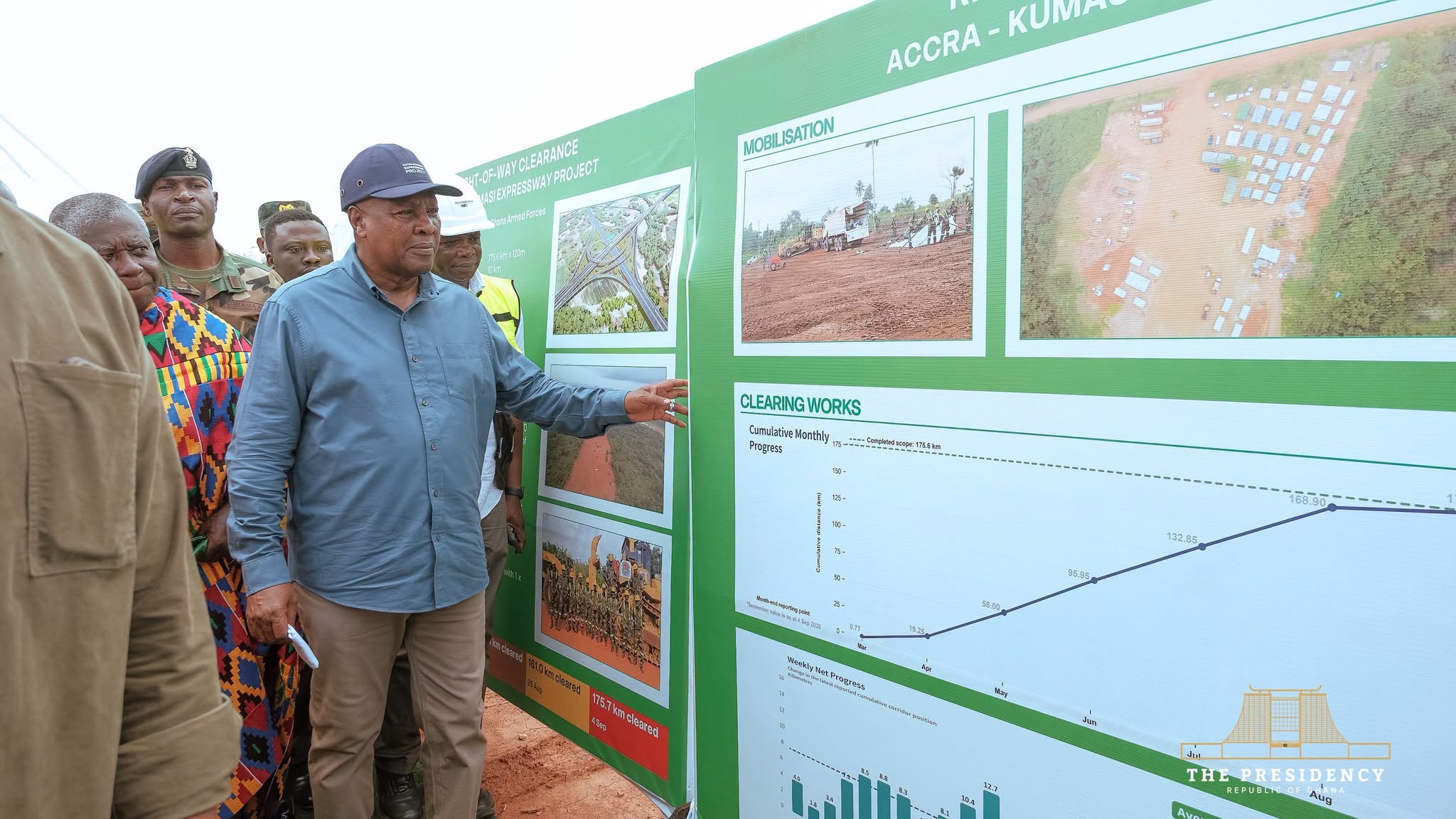 Mahama: $4bn Accra-Kumasi Expressway Fully Funded by December, No Borrowing 3 President Mahama reviewing the Accra-Kumasi Expressway right-of-way clearance progress board