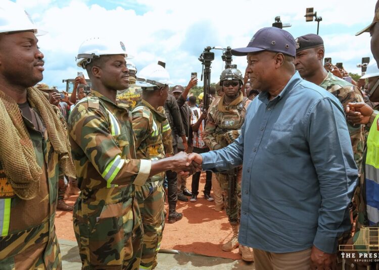 President Mahama greeting soldiers of the 48 Engineer Regiment at the Accra-Kumasi Expressway site
