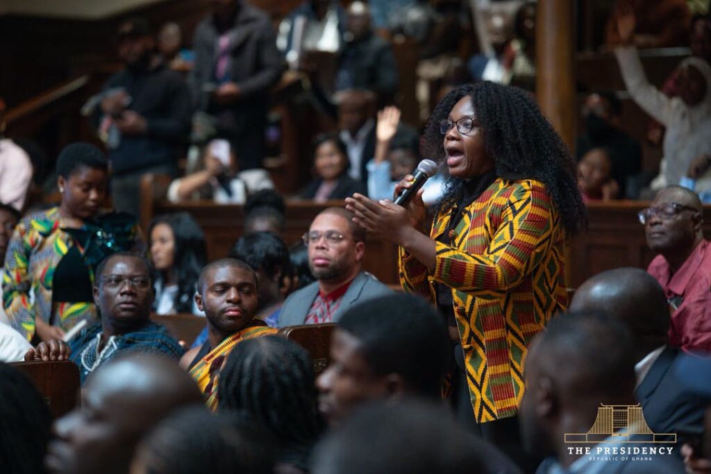 State Of Ghana Good, Mahama Tells Diaspora In New York 3 A member of the audience puts a question to the President. The session covered conditions at home, misinformation and how Ghana should handle TikTok. Photo: The Presidency, Republic of Ghana