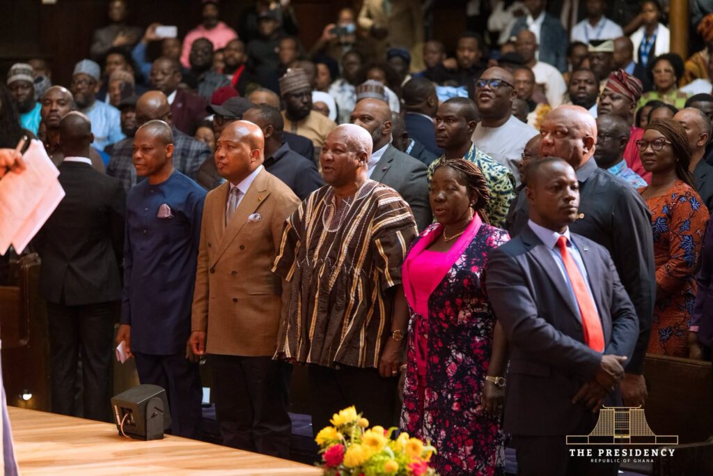 Mahama Credits Fiscal Discipline for Ghana’s Economic Recovery 3 President Mahama stands with members of his delegation and the Ghanaian community at the town hall, where he invited the diaspora home for the 70th independence anniversary in March. Photo: The Presidency, Republic of Ghana