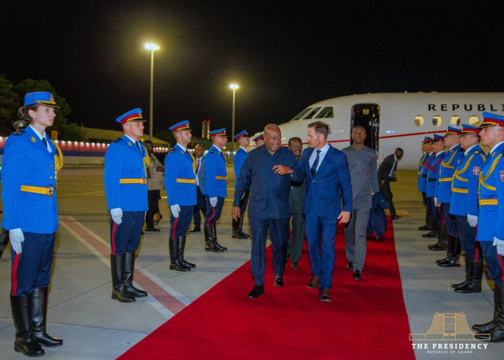 Mahama Joins 30 Nations in Belgrade to Mark NAM's 65 Years 3 Serbian honour guards line the tarmac as Mahama is escorted from his aircraft, part of the formal reception marking his arrival for the summit.
