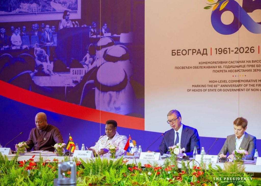 Mahama sits alongside Uganda's delegation and Serbian President Aleksandar Vučić at the high-level meeting marking 65 years since NAM's founding conference.