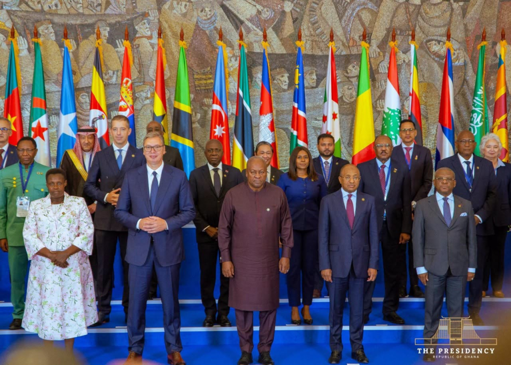 Heads of state and senior officials from across the Non-Aligned Movement's membership take their seats at the commemorative meeting in Belgrade.