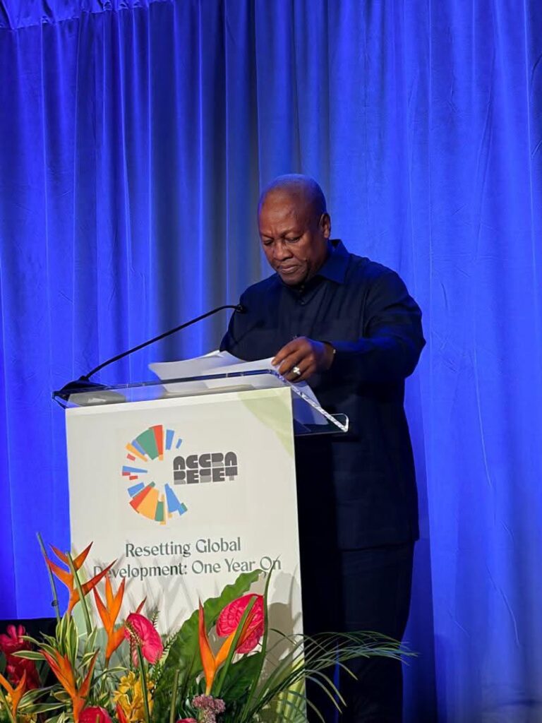 Mahama at the podium under the event banner "Resetting Global Development: One Year On," marking a year since the initiative was launched at last year's General Assembly.