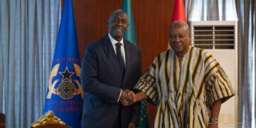 President John Dramani Mahama exchanges a handshake with International Finance Corporation (IFC) Managing Director Makhtar Diop at Jubilee House in Accra.