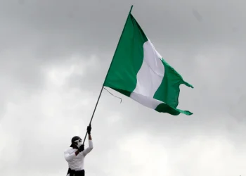 The green and white flag with the national coat of arms of Nigeria being waved during an outdoor gathering or protest