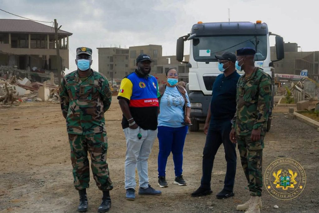 Sunday's Laboma Exercise Was Not a Demolition of the Beach, Stan Dogbe Insists 5 Deputy Chief of Staff Stan Xoese Dogbe and Greater Accra Regional Minister Linda Ocloo accompanied by Military officers and officials inspect the Laboma site on Sunday, with rubble from demolished structures behind them.