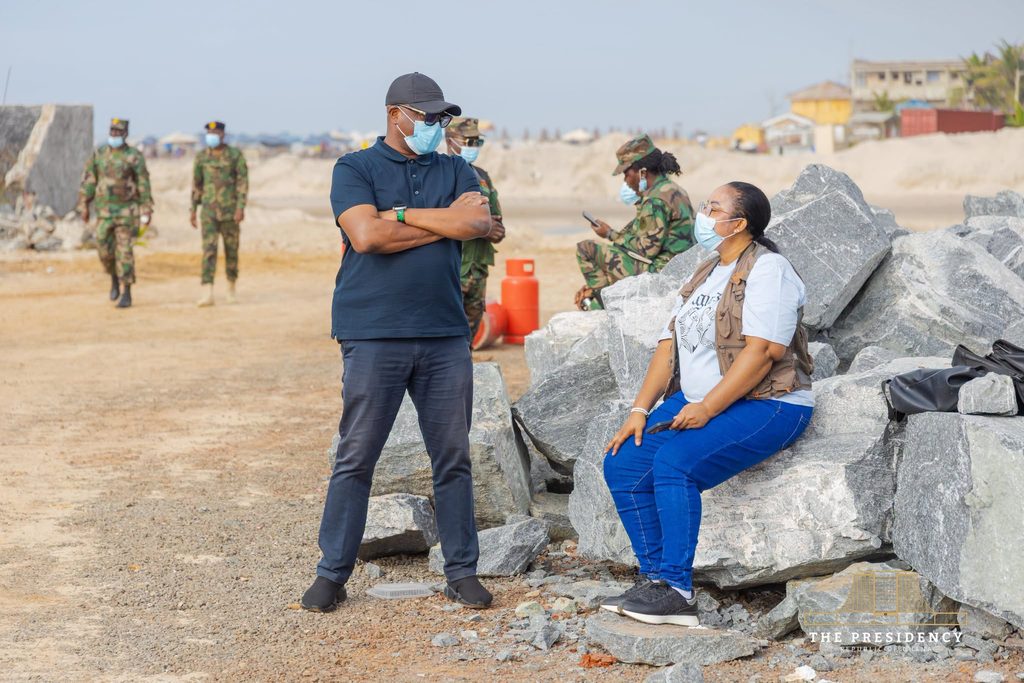 Sunday's Laboma Exercise Was Not a Demolition of the Beach, Stan Dogbe Insists 2 Deputy Chief of Staff Stan Xoese Dogbe and Greater Accra Regional Minister Linda Ocloo accompanied by Military officers and officials inspect the Laboma site on Sunday, with rubble from demolished structures behind them.