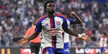 Ernest Nuamah in celebration after scoring for Lyon