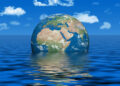 World Leaders Confront Rising Seas Amid Climate Change Threat 9 Earth partially submerged in a vast ocean symbolizing rising sea level